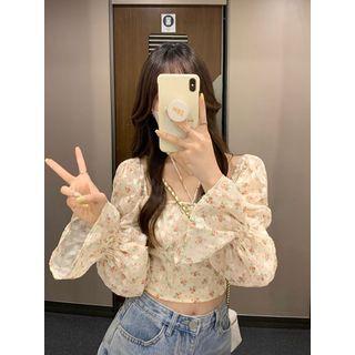 Bell-sleeve Floral Cropped Blouse Almond - One Size