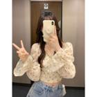 Bell-sleeve Floral Cropped Blouse Almond - One Size
