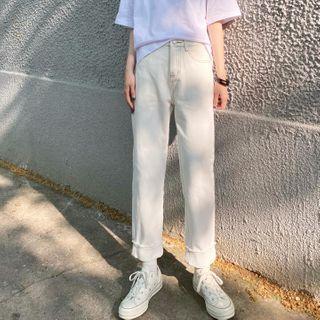 Contrast Stitching Straight-cut Cropped Jeans