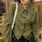 Asymmetrical Drawstring Long-sleeve Shirt Army Green - One Size