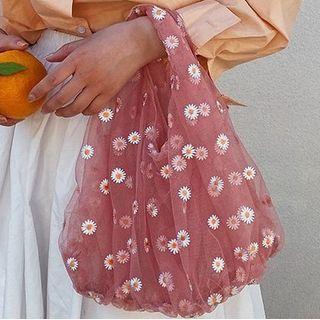 Flower Embroidered Mesh Shopper Bag