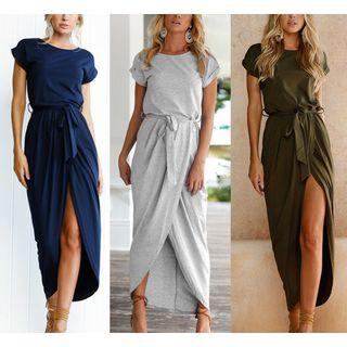 Front-slit Short-sleeve Midi Dress