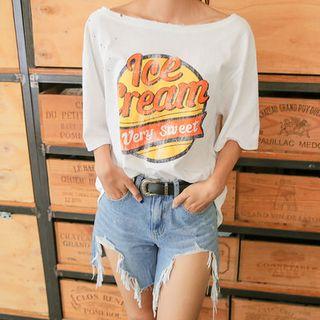 Lettering Print Distressed T-shirt