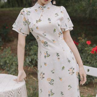 Short-sleeve Floral Print Faux Pearl Buttoned Midi Qipao