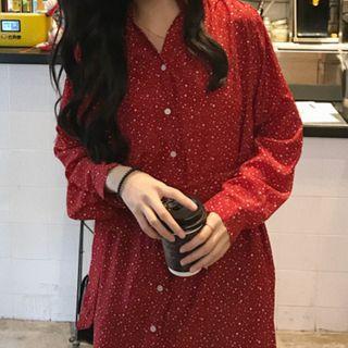 V-neck Dotted Long-sleeve Midi A-line Dress Dot - Red - One Size