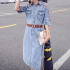 Lace Panel Short-sleeve Denim Shirt Dress