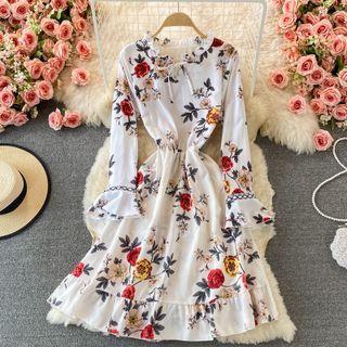Long Sleeve Frilled Floral Print Dress
