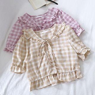 Plaid Lace-up Flare-sleeve Top