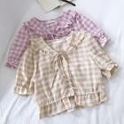 Plaid Lace-up Flare-sleeve Top