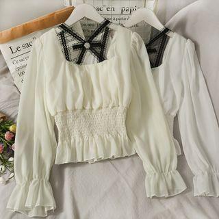 Mesh-panel Smocked-waist Chiffon Top