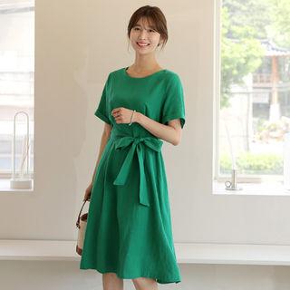 Cuff-sleeve Linen Blend Dress With Sash