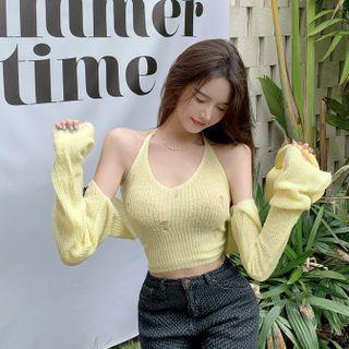 Halter-neck Distressed Crop Tank Top / Shrug