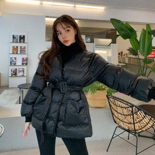 Collarless Boxy Padded Jacket With Belt