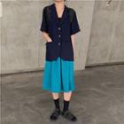 Single-breasted Short-sleeve Blazer / Plain Midi A-line Skirt