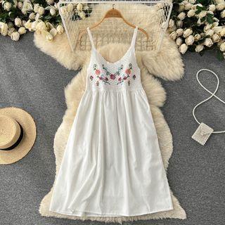 Suspender Flower Embroidered Panel Chiffon Dress