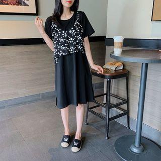 Set: Short-sleeve T-shirt Dress + Flower Print Cropped Camisole Top