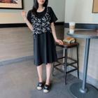 Set: Short-sleeve T-shirt Dress + Flower Print Cropped Camisole Top