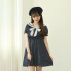 Sailor-collar Polka Dot Dress Navy Blue - One Size