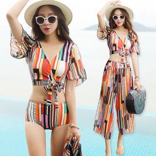 Set: Striped V-neck Short-sleeve Swim Top + Swim Bottoms + Wide Leg Pants