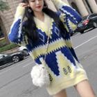 Color Block Long Sleeved Sweater As Shown In Figure - One Size