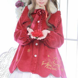 Snowflake Embroidered Furry Trim Coat