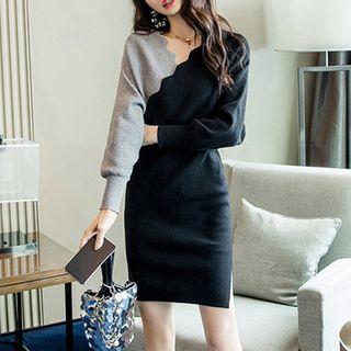 Color Block Long-sleeve Knit Sheath Dress As Shown In Figure - One Size