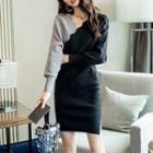 Color Block Long-sleeve Knit Sheath Dress As Shown In Figure - One Size