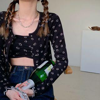 Smiley Face Print Cropped Camisole / Tube Top / Long-sleeve T-shirt