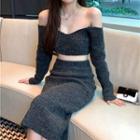 Set: Knit Top + Midi Skirt Set Of 2 - Dark Gray - One Size