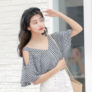 Cutout-shoulder Gingham Chiffon Top