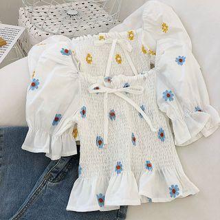 Embroidered Smocked Puff-sleeve Blouse