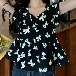 Cap-sleeve Bow Print Top