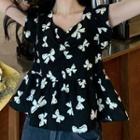 Cap-sleeve Bow Print Top