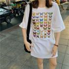 Butterfly Print Elbow-sleeve T-shirt Dress White - One Size