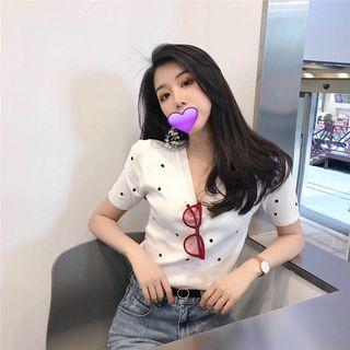 Polka Dot V-neck Short-sleeve Knit Top