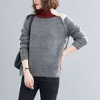 High-neck Color-block Knit Sweater