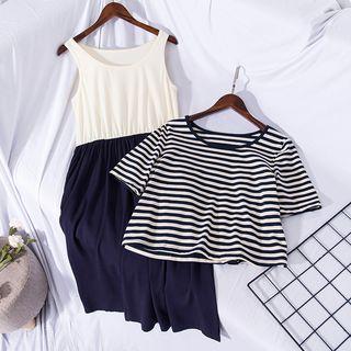Set: Short-sleeve T-shirt + Sleeveless Midi Dress Dark Blue & Beige - One Size