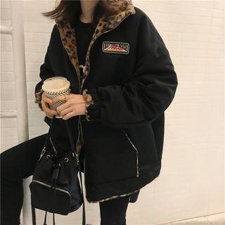 Reversible Furry Leopard Print Zip Jacket As Shown In Figure - One Size