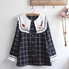 Long-sleeve Embroidered Wide Collar Plaid Shirt Navy Blue - One Size