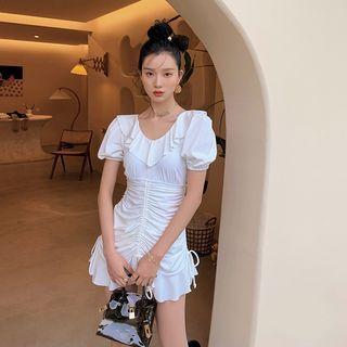 Puff-sleeve Drawstring Swim Dress