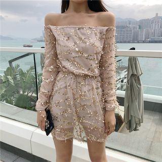 Sequined Off-shoulder Long-sleeve Dress