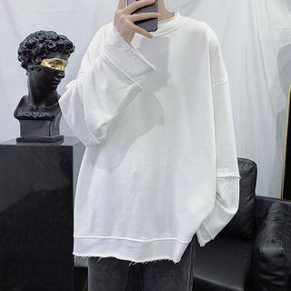 Long-sleeve Frayed Plain Sweatshirt