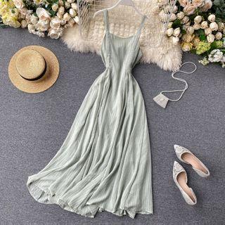 Wide Strap Striped Midi A-line Dress