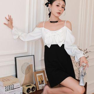 Bow Cold-shoulder Two-tone A-line Dress