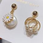 Non-matching Alloy Daisy Faux Pearl Dangle Earring 1 Pair - As Shown In Figure - One Size