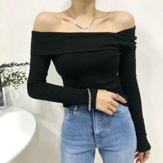 Off Shoulder Plain Bow Long-sleeve Top