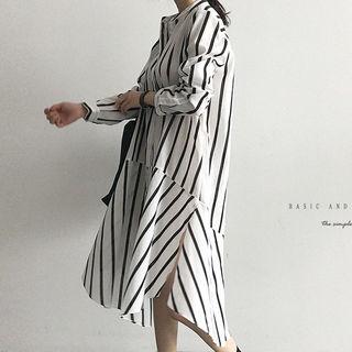 Mandarin-collar Stripe Midi Shirtdress