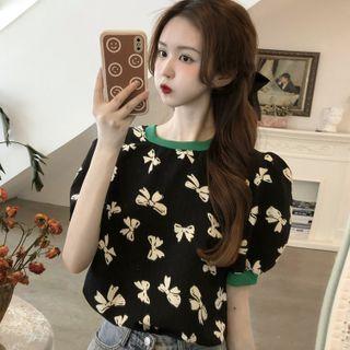 Short-sleeve Contrast Trim Bow Print T-shirt