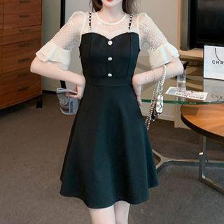 Flared-sleeve Mock Two-piece Mini A-line Dress