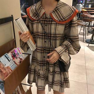 Long-sleeve Plaid Double Collar Dress Light Almond - One Size